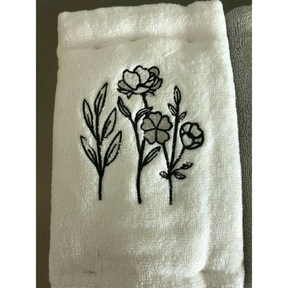 Avanti Hand Towels Enjoy The Journey Floral Black White Set of 2 Embroidered